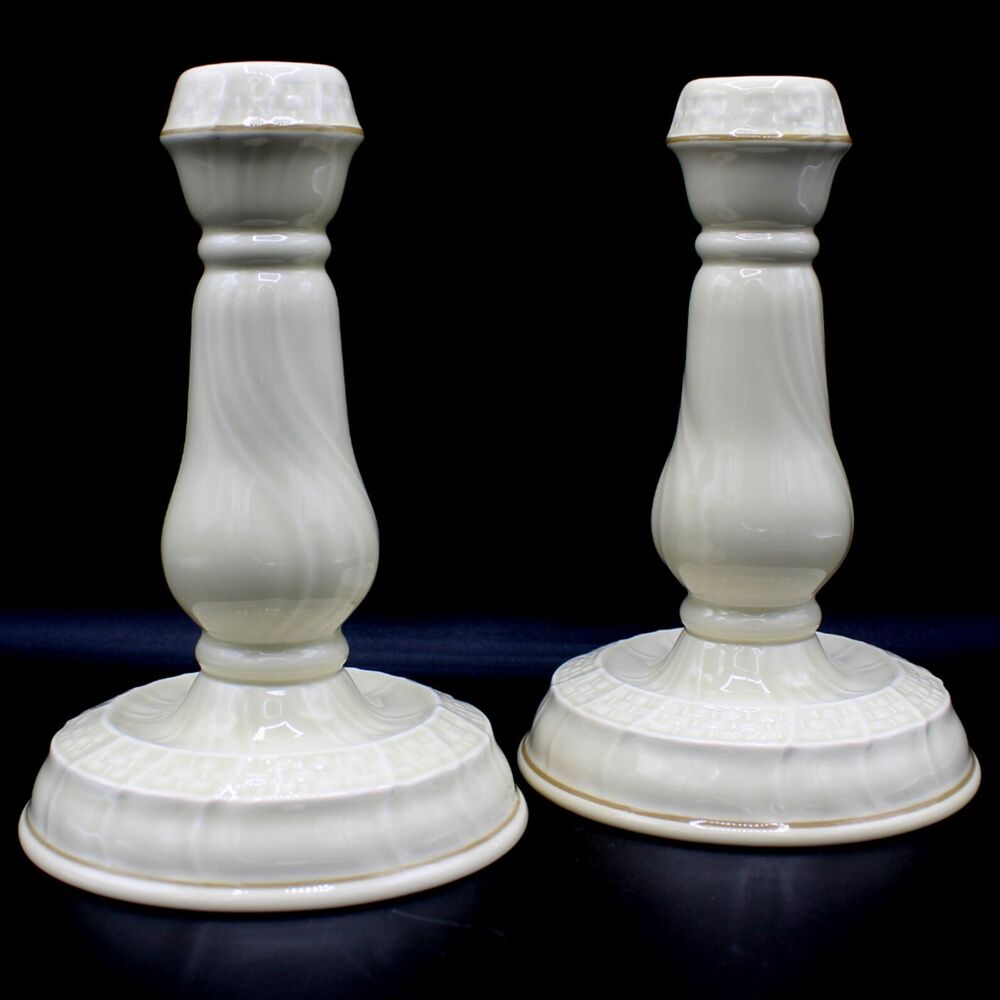 Vintage Mikasa Tivoli Candlesticks Porcelain Pair Candle Holders Gold Trim 7"